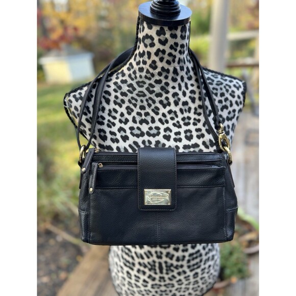 Tignanello Black Leather Crossbody Bag Adjustable Strap Gold Hardware - Picture 1 of 13
